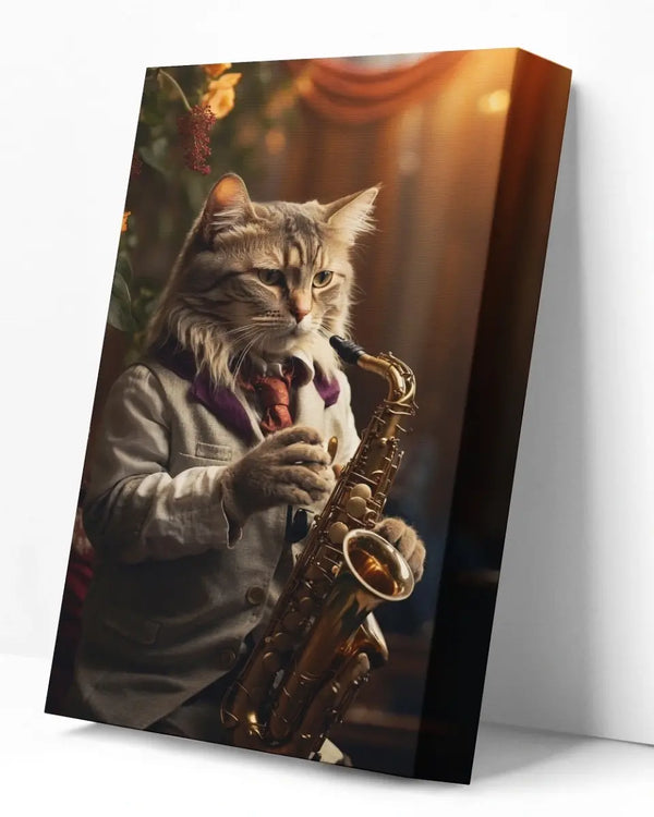 קנבס בעיצוב אישי - חתול מנגן על סקסופון - קנבס עם חתולים - קנבס בהתאמה אישית עם חתול