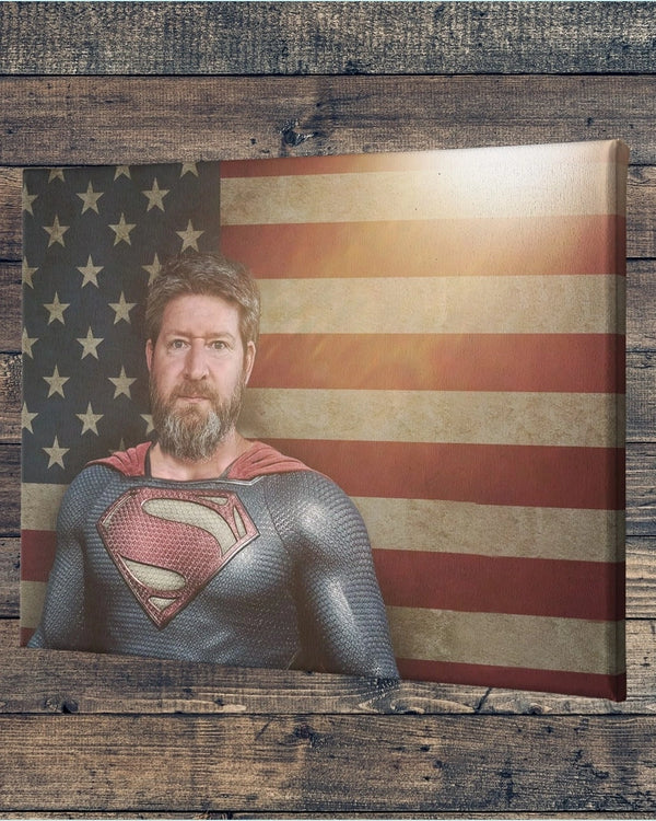 קנבס סופרמן על רקע דגל ארה"ב - קנבס בעיצוב והתאמה אישית עם תמונה שלכם - מתנה לבן זוג, מתנה ליום הולדת, מתנה מקורית